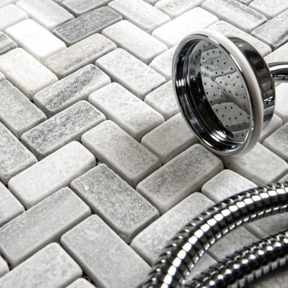 Calacatta Grey Tumbled Marble Herringbone MOSAICS - Image 2